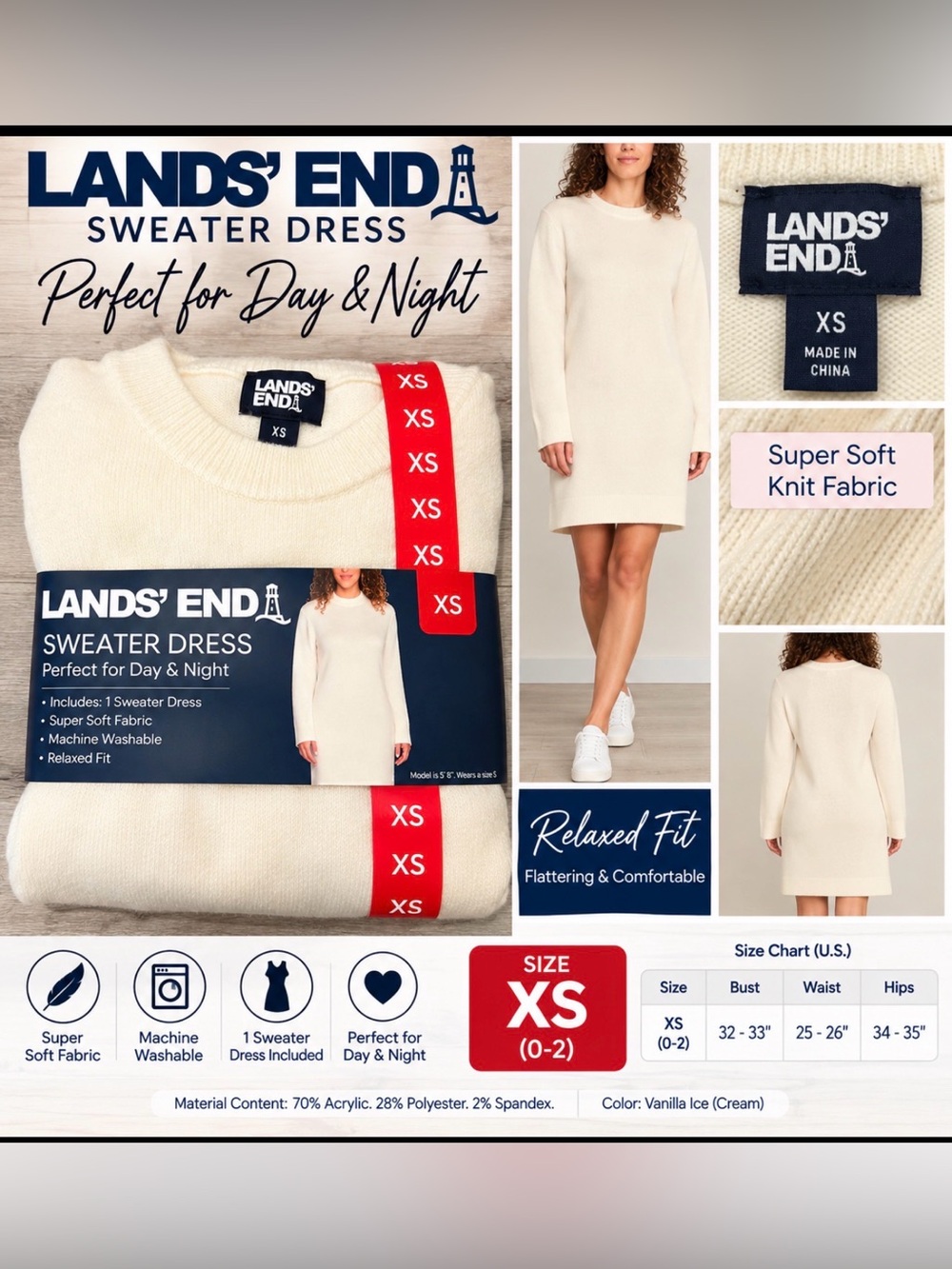 Lands’ End Women’s Sweater Dress XS 0–2 Vanilla Ice Cream NWT